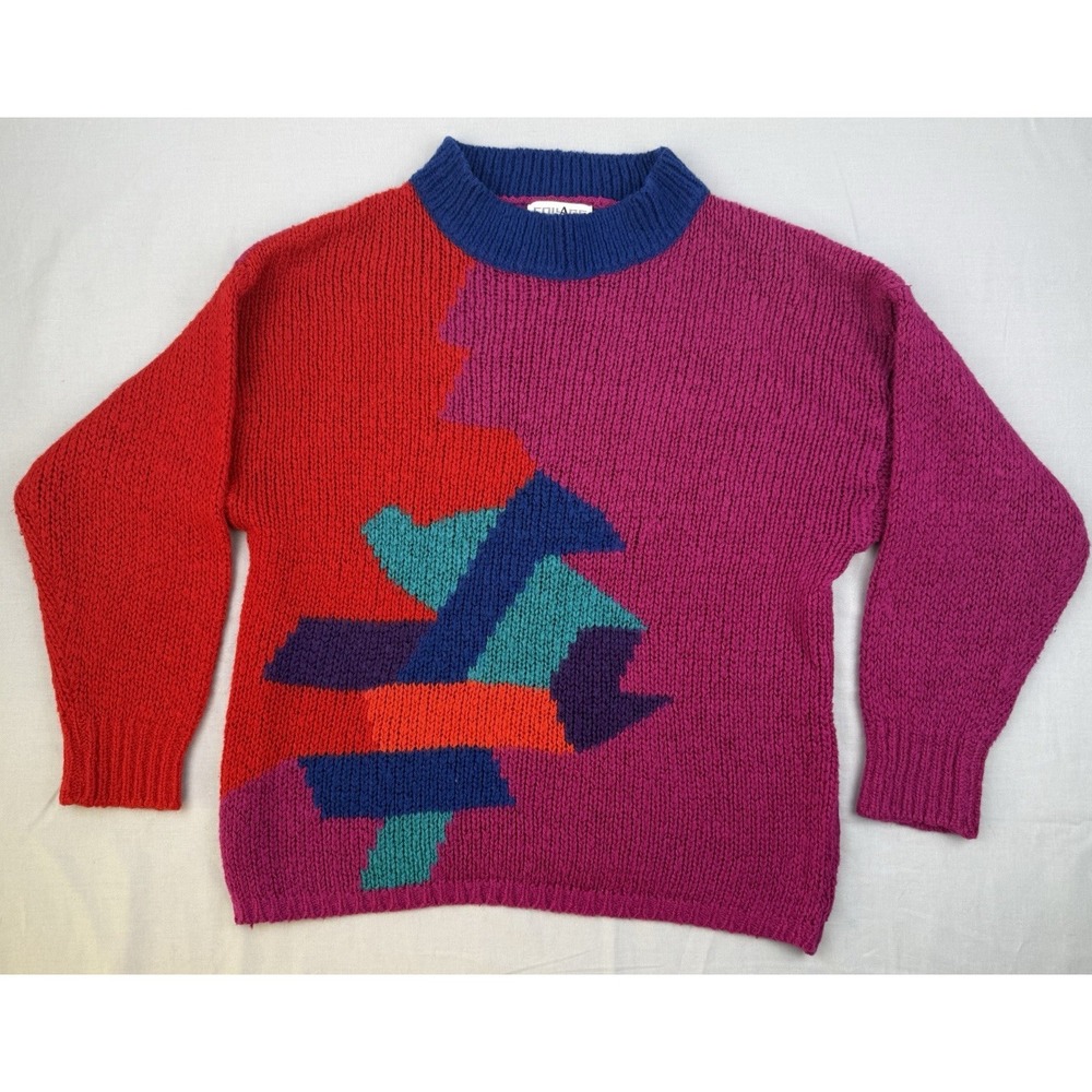 Vintage‎ 80s Colorblock Sweater Medium Bold Abstract Retro Knit